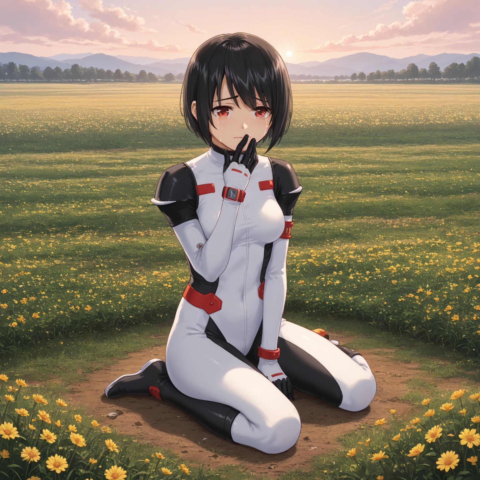 score_9,score_8_up,score_7_up, source_anime, uncensored, 1girl,rpm04, short hair, black hair, bob cut, sidelocks, red eyes, medium breasts, bodysuit, <lora:rpm04:0.8>,  torn clothes, sitting, sad, crying, streaming tears, kneeling, flower field, <lora:add-detail-xl:1> , debris, hands on own face, outdoors, field, pink sky