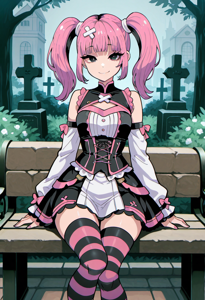 masterpiece, best quality, 1girl, solo, smile, looking at viewer, sitting,   [Pastel Goth Bloom], zzSango2, pink hair, twintails, blunt bangs, hair ornament, black eyes, 1girl, solo, black lace dress, lavender corset, striped stockings, platform mary janes, bone accessories, cemetery garden, pastel goth style â zzSango2 sits on a weathered stone bench among blooming night roses, her black lace dress flowing over striped stockings. A lavender corset cinches her waist, and a bone-shaped pin gleams from her hair. Mist creeps between the headstones as she stares ahead â soft and strange, delicate and dark.   ,narrow waist, wide hips, cowboy shot,   ,<lora:SangoTimeSkipPokemon_IXL:0.8>,  C0utur3Cr4z3, <lora:CoutureCraze_IXL:0.5>,