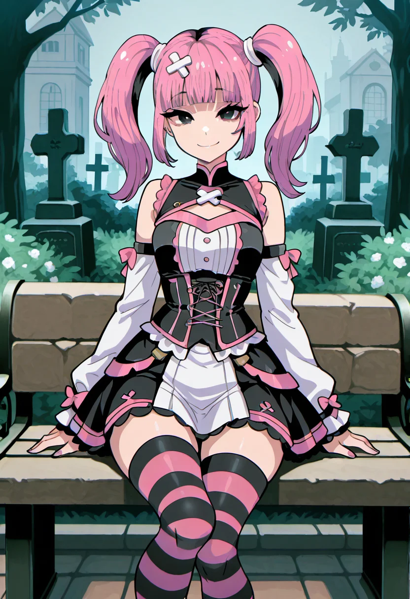 masterpiece, best quality, 1girl, solo, smile, looking at viewer, sitting,   [Pastel Goth Bloom], zzSango2, pink hair, twintails, blunt bangs, hair ornament, black eyes, 1girl, solo, black lace dress, lavender corset, striped stockings, platform mary janes, bone accessories, cemetery garden, pastel goth style â zzSango2 sits on a weathered stone bench among blooming night roses, her black lace dress flowing over striped stockings. A lavender corset cinches her waist, and a bone-shaped pin gleams from her hair. Mist creeps between the headstones as she stares ahead â soft and strange, delicate and dark.   ,narrow waist, wide hips, cowboy shot,   ,<lora:SangoTimeSkipPokemon_IXL:0.8>,  C0utur3Cr4z3, <lora:CoutureCraze_IXL:0.5>,