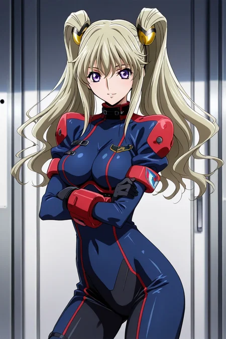 <lora:leila_malcal_CGA_illus:1>leila malcal, hair accessories, pilot suit, 1girl, solo, long hair, breasts, looking at viewer, smile, blonde hair, barrack, hair ornament, gloves, hair between eyes, twintails, medium breasts, standing, purple eyes, black gloves, bodysuit, <lora:Add_more_details_pony:0.8> proportional body, cowboy shot, contrapposto, sexy pose, crossing arms, side view,