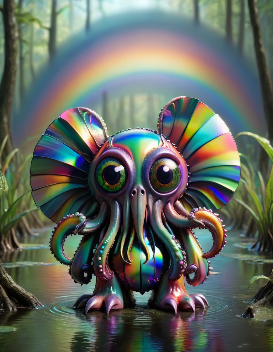 A cute colorful rainbow cthulhu, wildlife photography, in a ral-cmpctdsc swamp, 4K UHD, 8K UHD, High-definition made of ral-cmpctdsc <lora:ral-cmpctdsc:1>