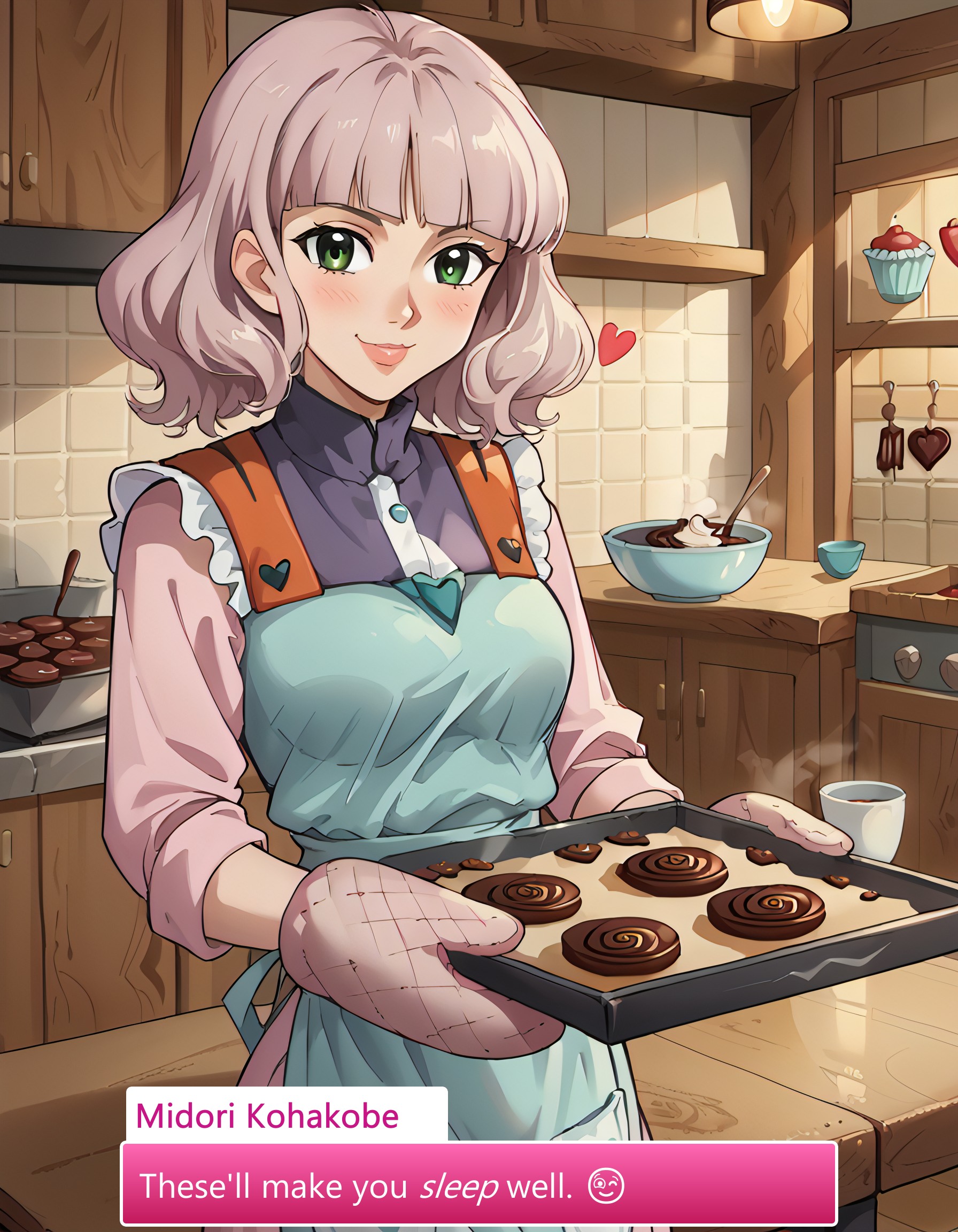 score_9, score_8_up, score_7_up, source_anime, anime screencap, baking valentines cookies, looking at viewer, blush, smile, gloves, holding, frills, food, indoors, apron, chocolate, cookie, oven mitts,  
pastel kitchen decor, warm lighting, fresh-out-of-the-oven aroma, festive decorations, soft oven mitts, red ribbon-tied gift boxes, steaming cup of cocoa, rustic wooden table, baking tools scattered neatly,  
candy hearts, powdered sugar dusting, heart-shaped sprinkles, handwritten recipe card, pink frosting bowl, silver piping tool, chocolate ganache bowl, mini cupcake stand, parchment-lined tray,  
festive baking mood, soft focus candlelight, cookies arranged in heart patterns, soft flour trails on table, delicate lace doilies under plates, neatly arranged napkins, pastel-colored measuring cups, Midori Kohakobe, Long, dark green hair, Wavy hair, Green eyes, Fair skin, Casual clothing, Relaxed style, No visible accessories, Slender build, midori, lips,