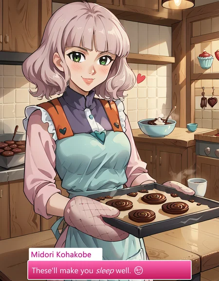 score_9, score_8_up, score_7_up, source_anime, anime screencap, baking valentines cookies, looking at viewer, blush, smile, gloves, holding, frills, food, indoors, apron, chocolate, cookie, oven mitts,
pastel kitchen decor, warm lighting, fresh-out-of-the-oven aroma, festive decorations, soft oven mitts, red ribbon-tied gift boxes, steaming cup of cocoa, rustic wooden table, baking tools scattered neatly,
candy hearts, powdered sugar dusting, heart-shaped sprinkles, handwritten recipe card, pink frosting bowl, silver piping tool, chocolate ganache bowl, mini cupcake stand, parchment-lined tray,
festive baking mood, soft focus candlelight, cookies arranged in heart patterns, soft flour trails on table, delicate lace doilies under plates, neatly arranged napkins, pastel-colored measuring cups, Midori Kohakobe, Long, dark green hair, Wavy hair, Green eyes, Fair skin, Casual clothing, Relaxed style, No visible accessories, Slender build, midori, lips,