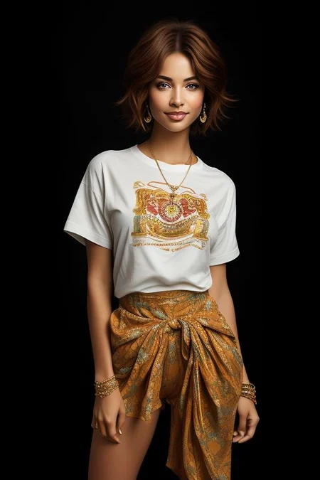 masterpiece,best quality,ultra_detailed, bellissima, 1girl , smile, self-confident, haircut style pixie, bag, bracelet, brown hair, closed mouth, high heels, holding bag, jewelry, legs, realistic, shirt, short hair, simple background, socks, solo, westwood style solo