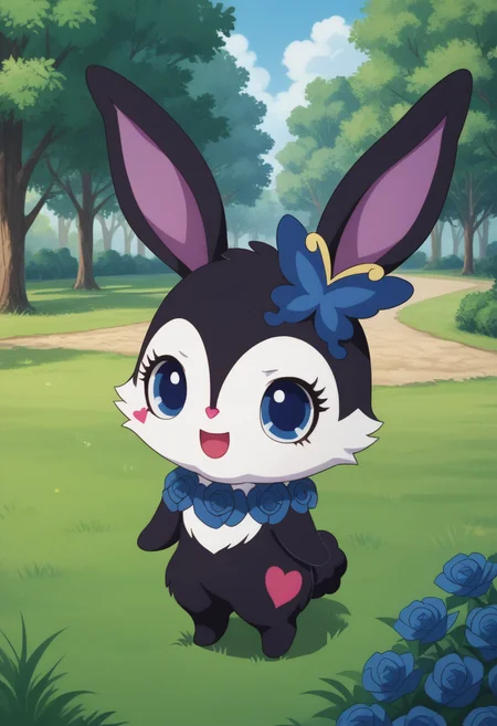 score_9, score_8_up, score_7_up, score_6_up, score_5_up, BREAK
luea, feral, solo, blue eyes, rabbit, furry, rabbit ears, black fur, purple inner ear, white chest fur, white face, chibi, body fur, (blue butterfly hair ornament), (blue rose necklace), 1girl, looking at viewer, park, grass, trees, happy 