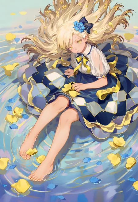 1girl, solo, barefoot, long hair, blonde hair, flower, hair ornament, yellow eyes, hair flower, blue flower, short sleeves, dress, petals, skirt, bow, puffy sleeves, looking at viewer, blue skirt, full body, closed mouth, shirt, puffy short sleeves, floating hair, hair bow, bare legs, water, white shirt, feet, see-through, sitting, toes, ribbon, ripples <lora:reiXL_NB11_lokr_V6311P:0.95>
