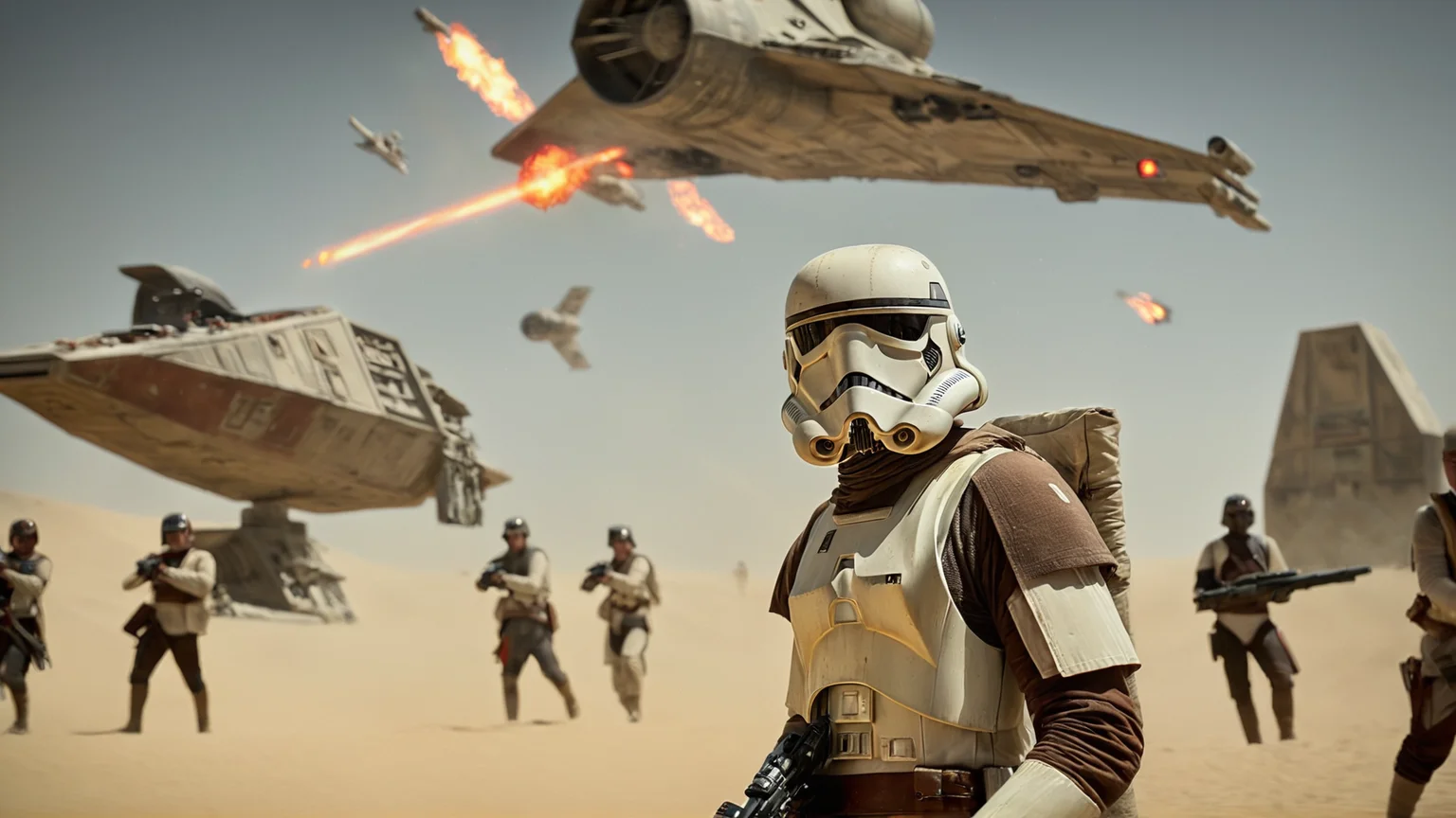 cinematic film still of <lora:star wars style:0.2>
<lora:detailed:0.4> detailed
<lora:perfection style:0.4> perfect
<lora:PerfectEyesXL:0.5>
<lora:Chiaroscuro Lighting Style:0.3>
<lora:Jakku:0.9>
Jakku a man holding a rifle in front of a star wars battle,in star wars style,1boy,weapon,multiple boys,bag,gun,military,helmet,ground vehicle,flying,science fiction,realistic,aircraft,military vehicle,airplane,battle,firing,spacecraft,jet,missile,war, shallow depth of field, vignette, highly detailed, high budget, bokeh, cinemascope, moody, epic, gorgeous, film grain, grainy