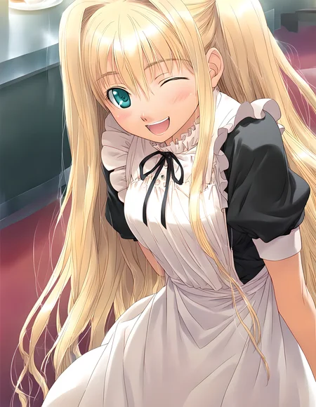 <lora:pony_xl_hortensia:0.9>,hortensia,score_9,score_8_up,score_7_up,source_anime,best quality,masterpiece,super fine illustration,1girl,solo,adorable_girl,maid,gothic_lolita,waitress,cafe,smile,laughing,one-eyed wink,blush,standing,arms_behind_back,looking_at_viewer,cowboy_shot,