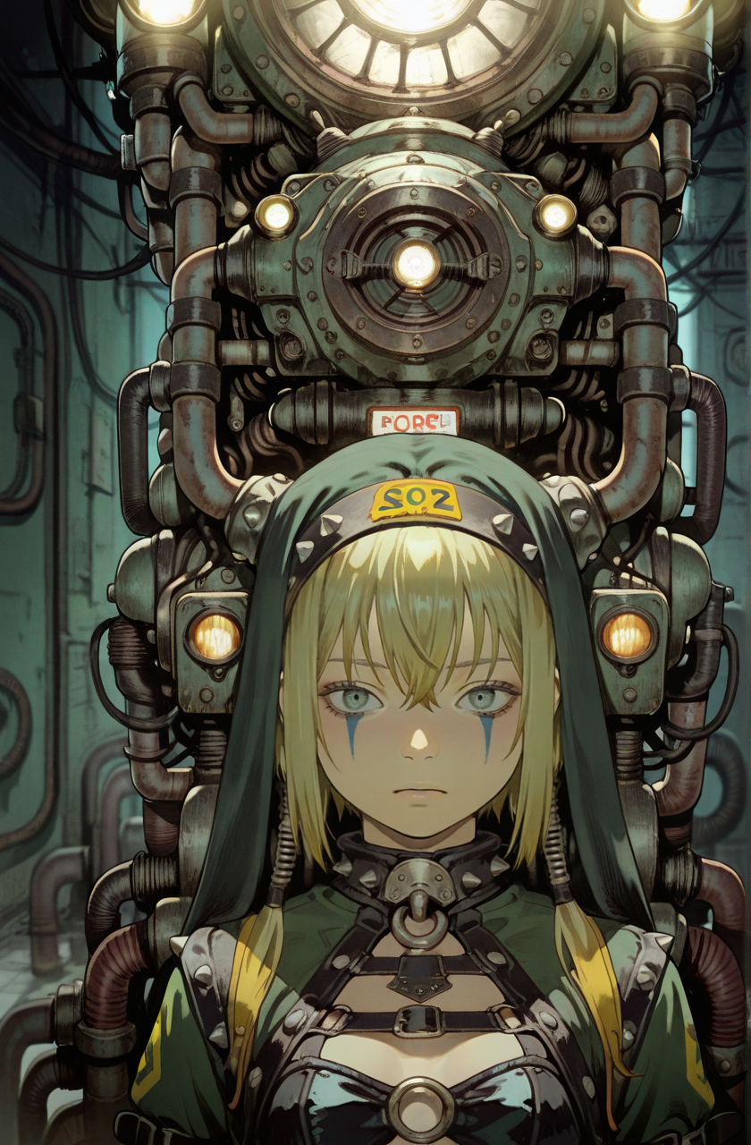 1girl,blonde hair, (obslete machine god:1.2),punk_outfit, portrait, 
tatsuyuki, (too much machine:1.3) ,A room full of pipes, searchlights
 <lora:Perfect Hands:1>  <lora:Tatsuyuki:0.9> <lora:add-detail-xl:1><lora:age_slider_v4:-2>, score_9, score_8_up, score_7_up, score_6_up, score_5_up, score_4_up,zPDXL