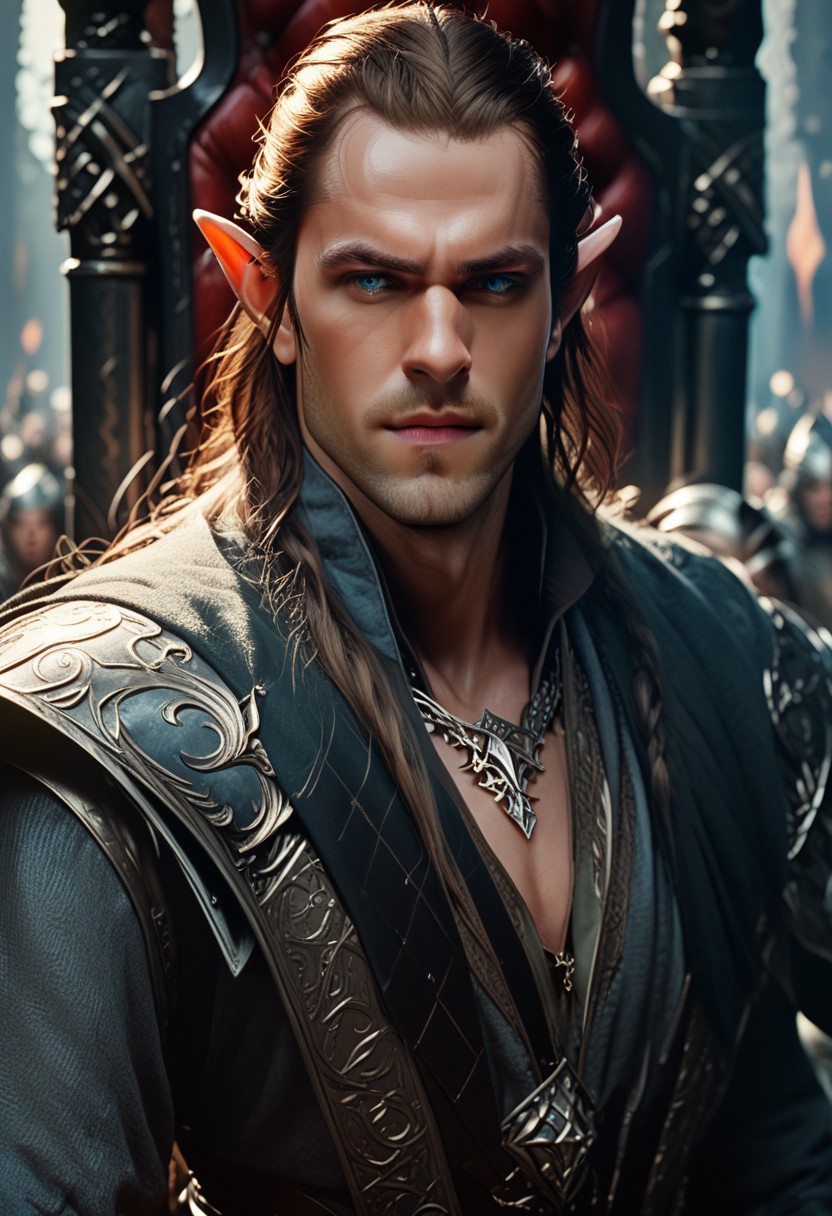 score_9, score_8_up, score_7_up, The image is a close-up portrait of a male elf with blue eyes, prince, throne room, fantasy, realistic, detailed