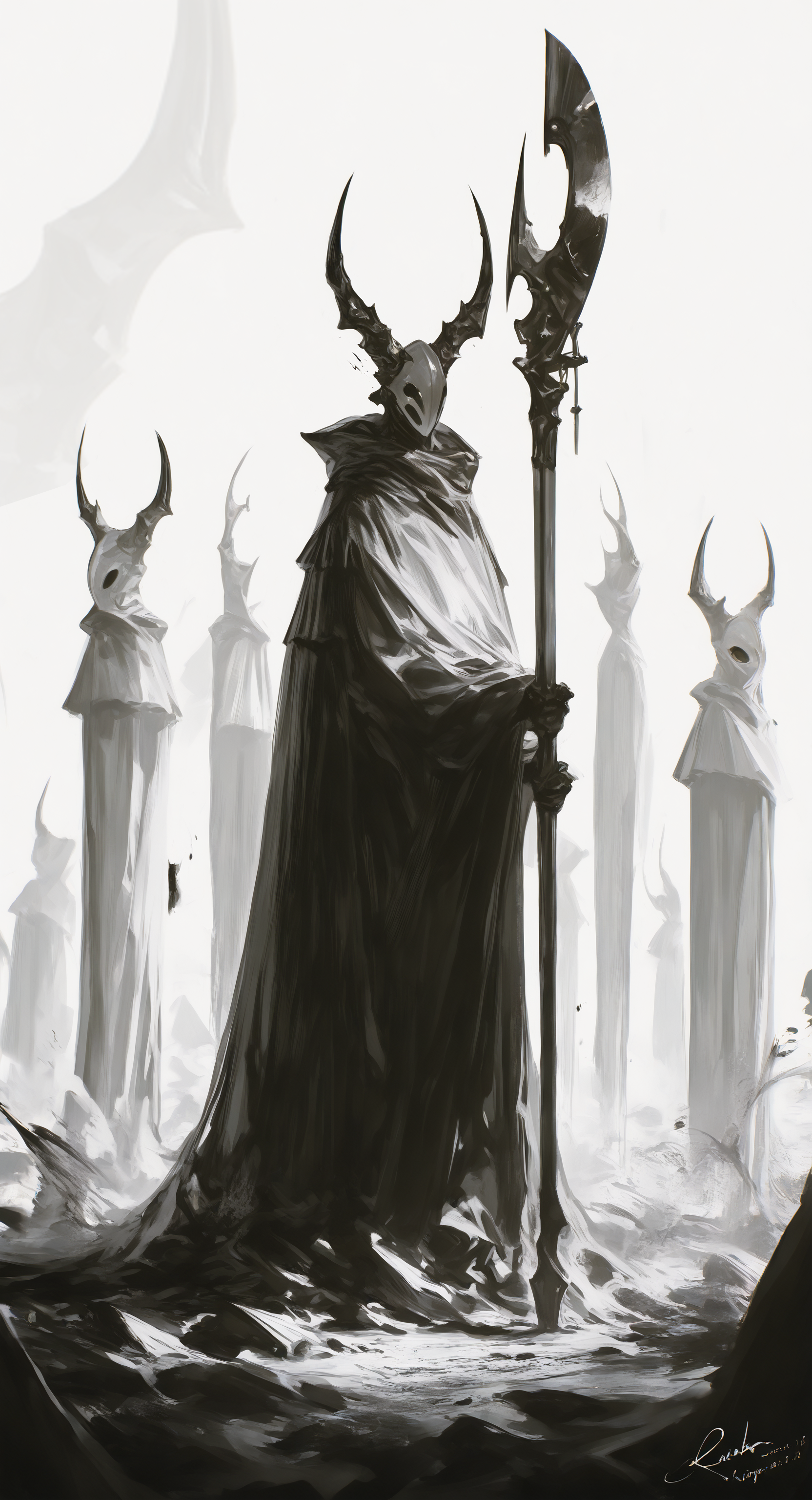 masterpiece, best quality, Good quality, very aesthetic, absurdres, newest,  holding, standing, monochrome, weapon, greyscale, horns, holding_weapon, dated, no_humans, mask, traditional_media, looking_up, 1other, cloak, floating, multiple_others, blank_eyes, ink_\(medium\), hollow_eyes <lora:ponyv5_noobE11_1_adamW-000013:0.7> <lora:USNR_STYLE_XL_lokr:1>
