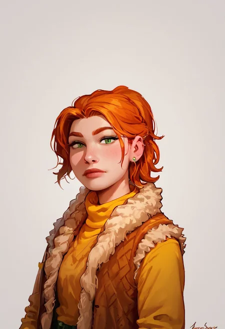 score_9, score_8_up, score_7_up, score_6_up, <lora:Robin_-_Stardew_Valley:0.8> robin_sdv, ginger hair, ponytail, medium hair, green eyes, ponytail, yellow sweater, long sleeves, brown vest, fur trimmed vest, green pants