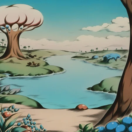 masterpiece, retro cartoon, cartoonish, high resolution,8k, fantasticplanet,
scenery, landscape, water, cloud, tree, plants,
