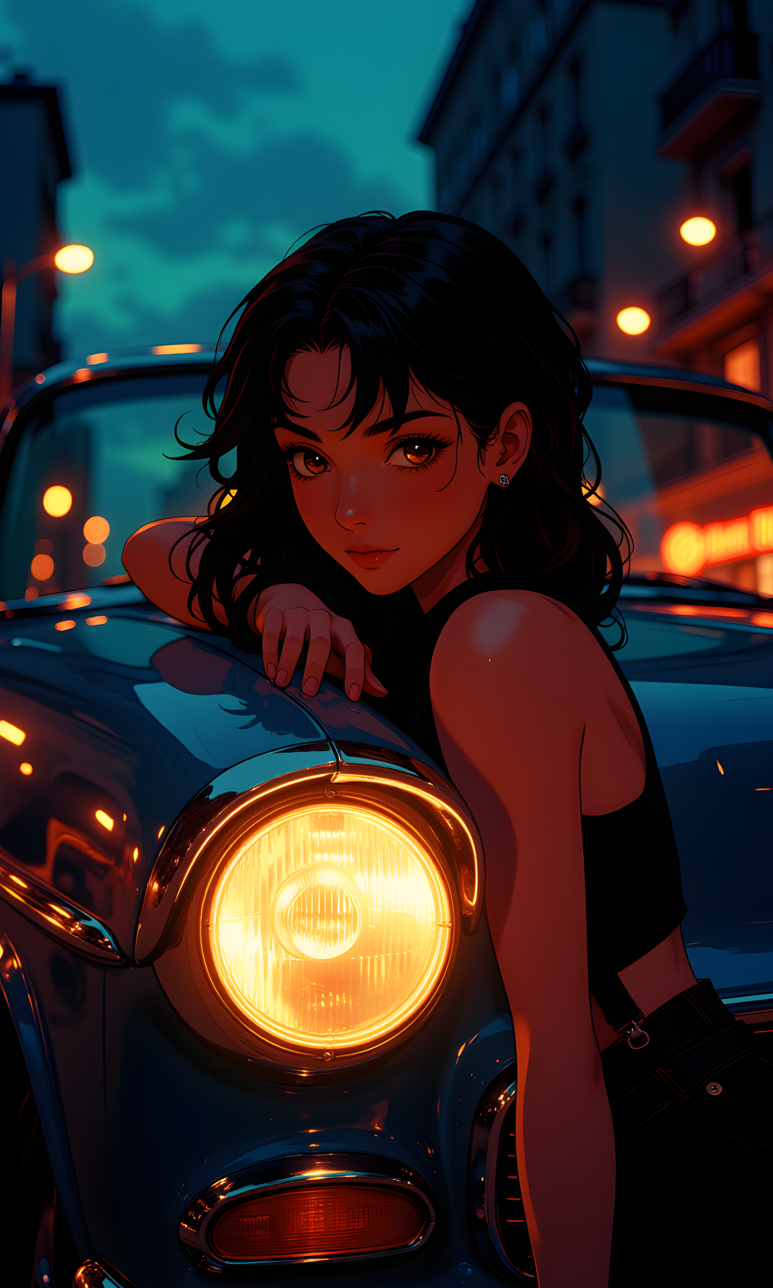 This image captures a striking and atmospheric scene featuring a woman leaning against the front of a classic car. The car's headlight is illuminated, casting a warm, orange glow that contrasts beautifully with the cool blue tones of the night sky. The woman is dressed in a sleeveless top, and her long hair flows freely around her shoulders.
The lighting creates a dramatic effect, highlighting the contours of her face and the details of her outfit. Her expression is serene and contemplative, adding to the overall mood of the image. The background features a cityscape with blurred lights, suggesting an urban setting at dusk or early evening.
The composition of the image is well-balanced, with the woman and the car as the central focus. The contrast between the warm light from the headlight and the cool blue sky creates a visually appealing and memorable photograph. The overall atmosphere is one of nostalgia and beauty, capturing a moment of quiet reflection in an urban environment.
BREAK anime, d13s3lp2nk, bboil artist style, OBdonman, <lora:FLUX\Synesthesia:0.2>, <lora:FLUX\RetroAnimeS1.1:0.4>, <lora:FLUX\Flux-jijia:0.1>, <lora:FLUX\It's a LoRA for portraits, BUT! actually specialized in backgrounds. v1.0:0.1>, <lora:FLUX\GLSHS:0.2>, <lora:FLUX\Dieselpunk Delight - s0_9 g4:0.4>, <lora:FLUX\OBdonman, anime0style portrait:0.1>