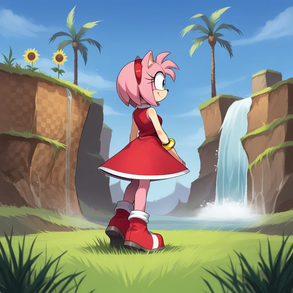 score_9, score_8_up, score_7_up, score_6_up, score_5_up, score_4_up, zPDXL2,source_anime,rating_questionable, 1girl, solo, amy rose, pink hair, red dress, from side, looking away, smile, <lora:Green_Hill_Zone:0.8> gr33nh1ll, outdoors, grass, blue sky, palm tree, sunflowers, checkered dirt, striped grass, waterfalls, loops