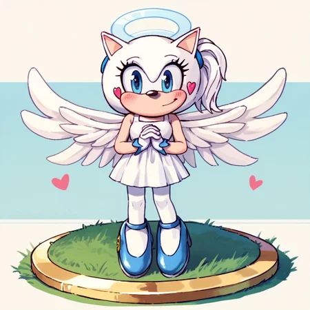 score_9, score_8_up, score_7_up BREAK Angelchu, 1girl, angel hedgehog, light blue eyes, white body, pink heart blush, angel wings, gold angel halo, light blue mary jane shoes, smiling at viewer, heaven background, heaven, full body,