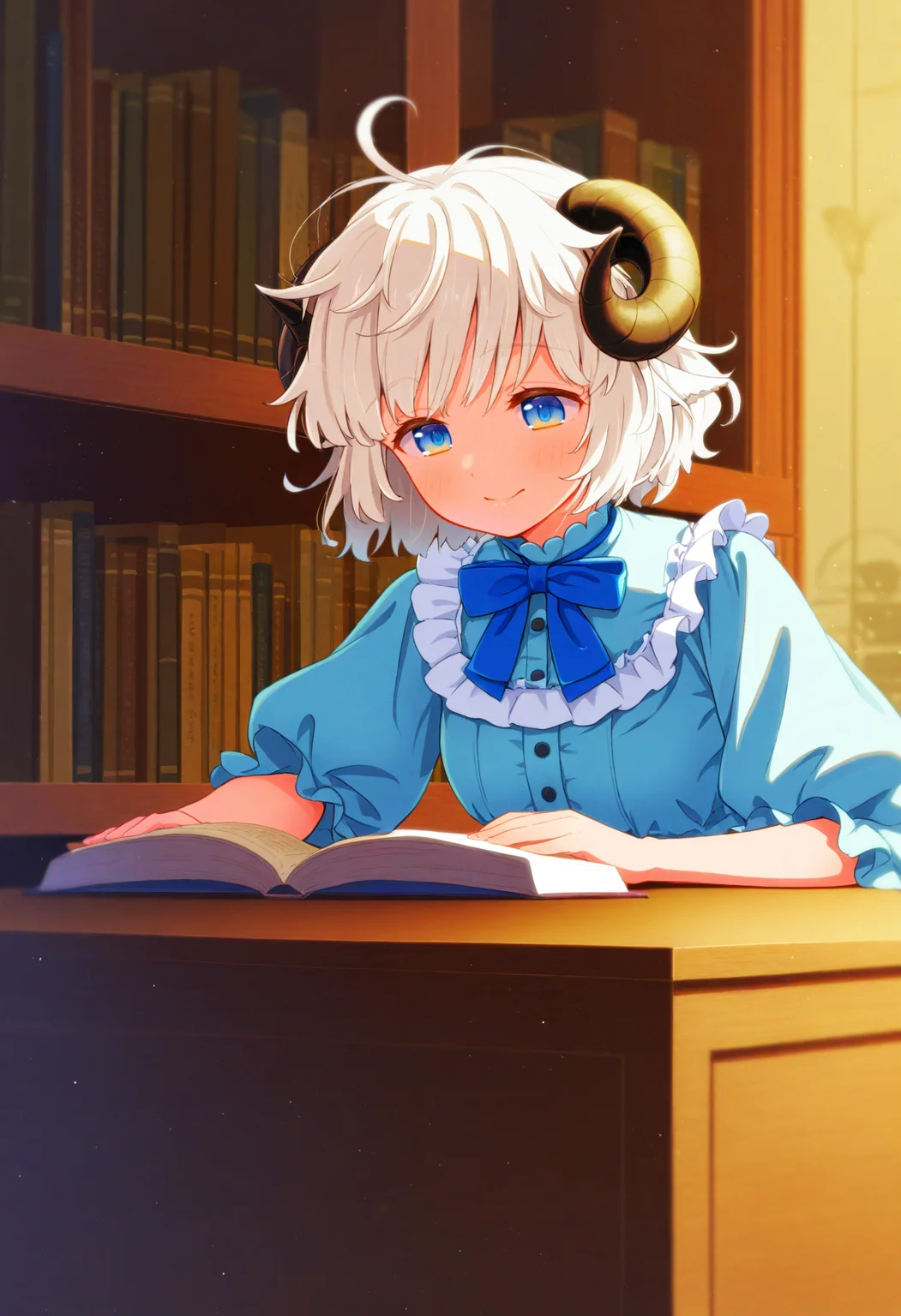 masterpiece, best quality, 1girl, solo, blue eyes, white hair, short hair, ahoge, messy hair, sheep horns, sheep girl, blue bowtie, light blue dress, frills, puffy sleeves, library, indoors, sitting, arm rest, desk, reading book, smile, <lora:ChamIllustriousBackgroundEnhancer:1>