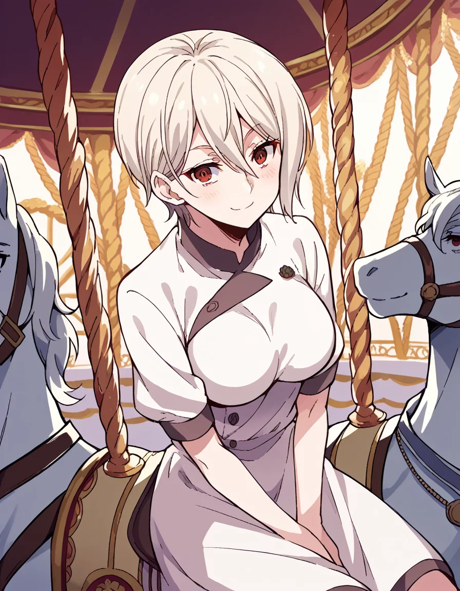score_9, score_8_up, score_7_up, source_anime, <lora:alice-nakiri-s1-ponyxl-lora-nochekaiser:1>, alice nakiri, short hair, red eyes, white hair, hair between eyes, large breasts, <lora:carousel-ponyxl-lora-nochekaiser:1>, carousel, sitting, riding,, blush, smile, casual dress, solo,,
