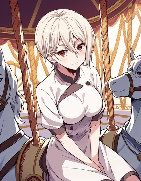 score_9, score_8_up, score_7_up, source_anime, <lora:alice-nakiri-s1-ponyxl-lora-nochekaiser:1>, alice nakiri, short hair, red eyes, white hair, hair between eyes, large breasts, <lora:carousel-ponyxl-lora-nochekaiser:1>, carousel, sitting, riding,, blush, smile, casual dress, solo,,