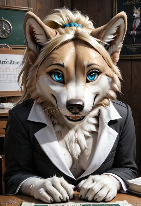 CyberRealistic_Negative_PONY, Realistic, highres, super high resolution, 8k, photo, whtfx, soft body fur, furry, anthro, detailed fur, female wolf, voluptuous figure, tufted fur, tufted ears, cheast tuft, fluffy canine tail, detailed eyes, detailed body, detailed face, seductive smile, blonde hair, ponytail, canine teeth, golden fur, blue eyes, whiskers, small breasts, detailed background, courtroom, black legwear, black suit, white shirt, holding siutcase, glasses,