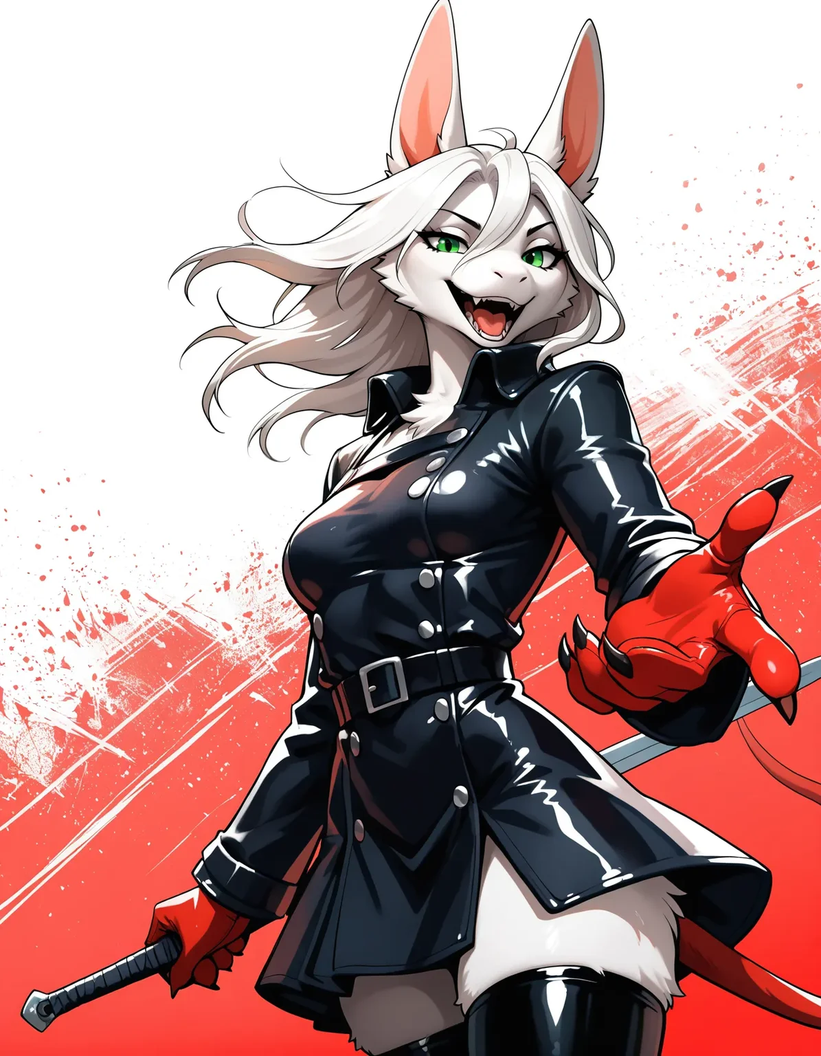 newest, masterpiece, best quality, beautiful lighting, very aesthetic, mixed media, detailed background, very awa, perfect composition, BREAK,
freyac, female, white fur, green eyes, white hair, red tail, anime, cartoon, black coat, shirt, black thighhighs, red gloves, black claws, sword on shoulder, leather clothing, shiny clothing, wind, medium breasts, amused, laughing, mouth open, from below, looking at viewer, from front, teasing, outstretched hand, reaching, posing, standing, cowboy shot, solo, 1girl, tail, ears, red background, white background, gradient background, abstract background,
<lora:Freya v11bNoob9s96:0.8> <lora:noobai_ep11_stabilizer_v0.138_fp16:0.8>