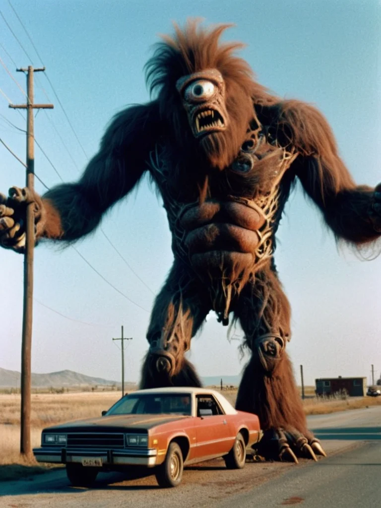 1980s horror film still, (full body, long shot) a mechanical monster made of machines and made of wires (((ripping a car in half))), in a small American town, film grain, grainy, VHS, (monster make-up), cyclops <lora:cyclops:1>