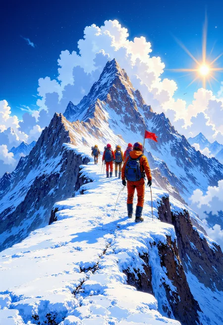 An epic scene of conquering Mount Everest. 