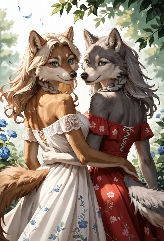 score_9, score_8_up, score_7_up, score_6_up, two characters, furry with furry, duo, anthro wolf females, furred body, fluffy fur, beautiful faces, perfect eyes, detailed eyes, simple, artistic, abstract, eyefocus, dancing, looking back, cute, smile, mystic, ethereal, flat texture, silhoutte, vibrant colours, outdoors, flower field, floral framing, cherry blossoms, flowing petals

(anthro wolf girl 1:1.2), gray fur, whiskers, gray hair, gray twinbraids, green eyes, ((white cheeks)), medium breasts, wolf tail, furry hands, black sharp nails, dressed in a soft blue off-shoulder dress with lace trim, subtle floral designs woven into the fabric, 

(anthro wolf girl 2:1.2), (golden fur, whiskers, blonde hair), white headband, flowing hair, blue eyes, voluptuous figure, wolf tail, black sharp nails, wearing a flowing lavender maxi dress, cinched at the waist with a ribbon, soft sheer fabric overlay catching the wind,

ink splats, ink_splatter, elegant_motion, watercolor_effect, glowing_trails, silhouette_lighting, floral effects, floral ornaments, blue flowers, green plants, dramatic_perspective, soft, eyefocus, perfect eyes, perfect hands, ink \(medium\) looking at viewer