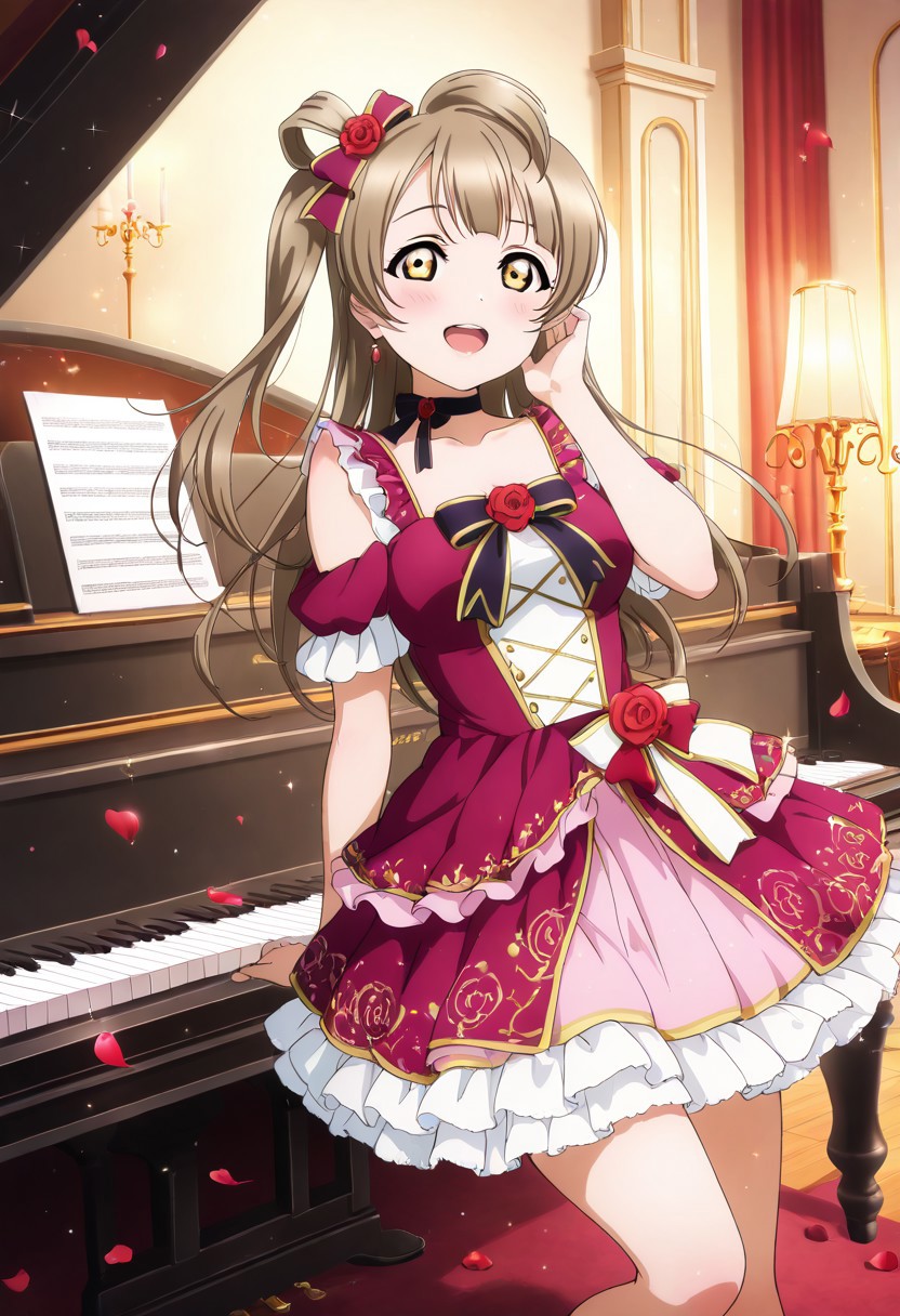 masterpiece, best quality, solo, 1girl, aged up, happy,
 kotori_minami, minami_kotori, grey hair, brown eyes, one side up, long hair, hair ribbon, ribbon, romantic-themed idol gown, layered lace, red rose motifs, ribbon choker, heart-shaped hair accessory, candlelit stage, rose petals falling, antique piano in background, soft music, intimate and emotional performance