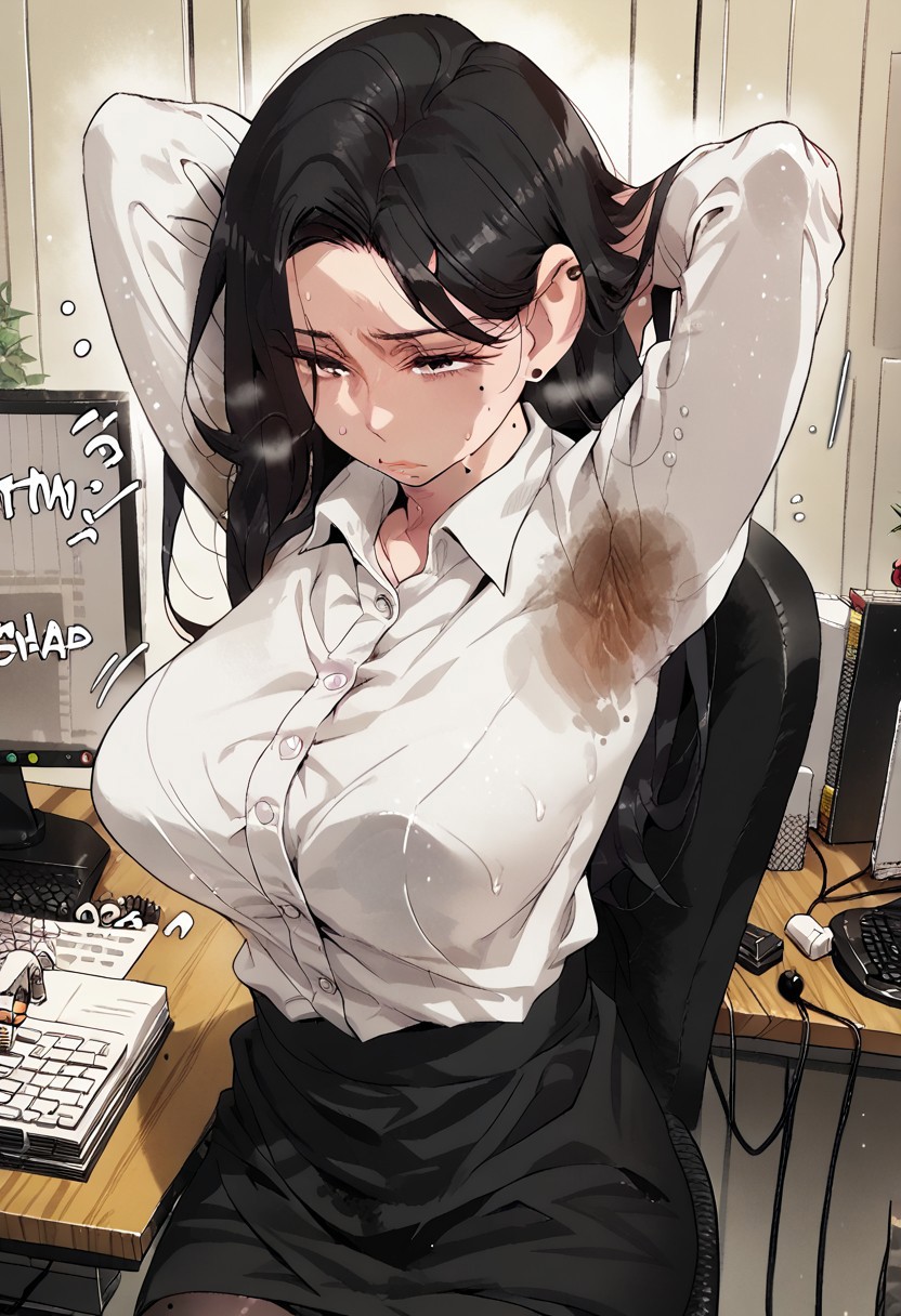 zPDXL2, score_9_up, score_8_up, score_7_up, froma above, sit on her desk, office, pc, tired, she is suffering from the heat, disconfrot, (Anime_source), high detail face, best quality, absurd res, 1girl, RaheeDo, gray eyes, black hair, long hair, mole under eye, mole under lips, office clothes, white shirt with long long sleeves, cowboy shot, looking at her pc, ,  (big breasts:1.4), sweaty:1.2, , arms down, typing on keyboard,, sweat stain under armpit:1., steamy:1.2, s3t on belly, s3t on chest