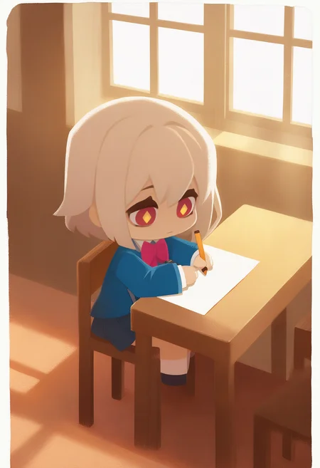 onmyojistyle, chibi, masterpiece, best quality, <break> white border, wide shot, solo, 1girl, expressionless, looking down, sitting, chair, holding pencil, diamond-shaped pupils, school uniform, blazer, bowtie, long sleeves, indoors, classroom, table, paper, window, sidelighting
<segment:yolo-Anzhc Face seg 640 v2 y8n.pt,0.4,0.5//cid=1>