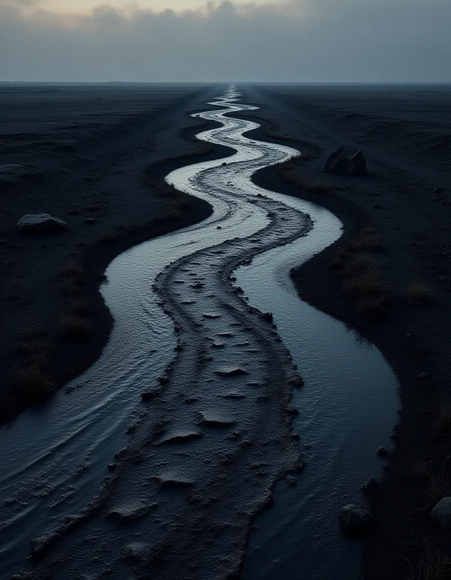 A long, winding river composed entirely of a blackened, burned patch snakes through a charred landscape. The river appears to flow, with ripples and waves scorched into the surface, creating an illusion of movement. Its banks are defined by singed reeds and jagged rocks, all made from the same ashy texture. The horizon fades into a smoky mist, while faint flickers of light reflect in the scorched "waters," giving the river a ghostly, otherworldly glow.
<lora:ral-brndptch_000002000:1>