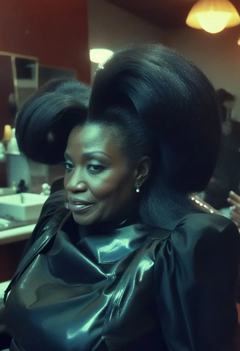 (a group of african american MILF women 60yo, grandmother ) ((gyrating:1.3) in Dark Sci-Fi..(1970s (dimly lit l(hair salon)),
faded film, desaturated, 35mm photo, grainy, vignette, vintage, Kodachrome, Lomography, stained, highly detailed, found footage
(petite:1.8) (massive breasts:1.2) (very high heels) (fully clothed business dress:1.9)
(dark areola, (large nipples: 1.59)(large areola: 1.55) (elongated nipples: 1.29) (thick thighs:1.6)
BREAK (evil: smile1.5)