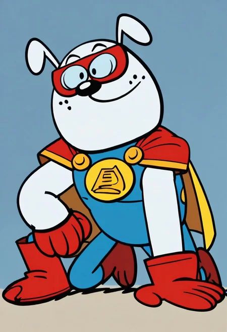 (score_9 | score_8_up | score_7_up) ((masterpiece:1))(best quality,very high quality,ultra detailed:1.2) (2D,cartoon style,anime style)(Smooth:2)(clean blurring) (four fingers on each hand,one thumb on each hand:1), solo, charles, dog, paws, dog paws, black spot on left eye, white, white fur, allá fours, happy, red blue and yellow super hero costume, blue super hero costume, super hero, red goggles, two side winged headpiece, yellow cape, thick red boots, red glove, 'A' Logo in the middle,