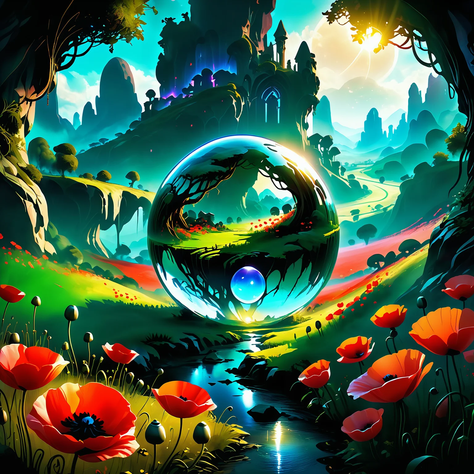 Jed-Gball,Jed-Glassball, <lora:Jed-Glassball:0.7>, video game concept art, 2d game art, concept art, landscape and Field of poppies, it is very Bewitching, Digital painting, ethereal landscapes, atmospheric lighting, gorgeous, great light, luxurious, epic atmosphere, lush, vivid colors