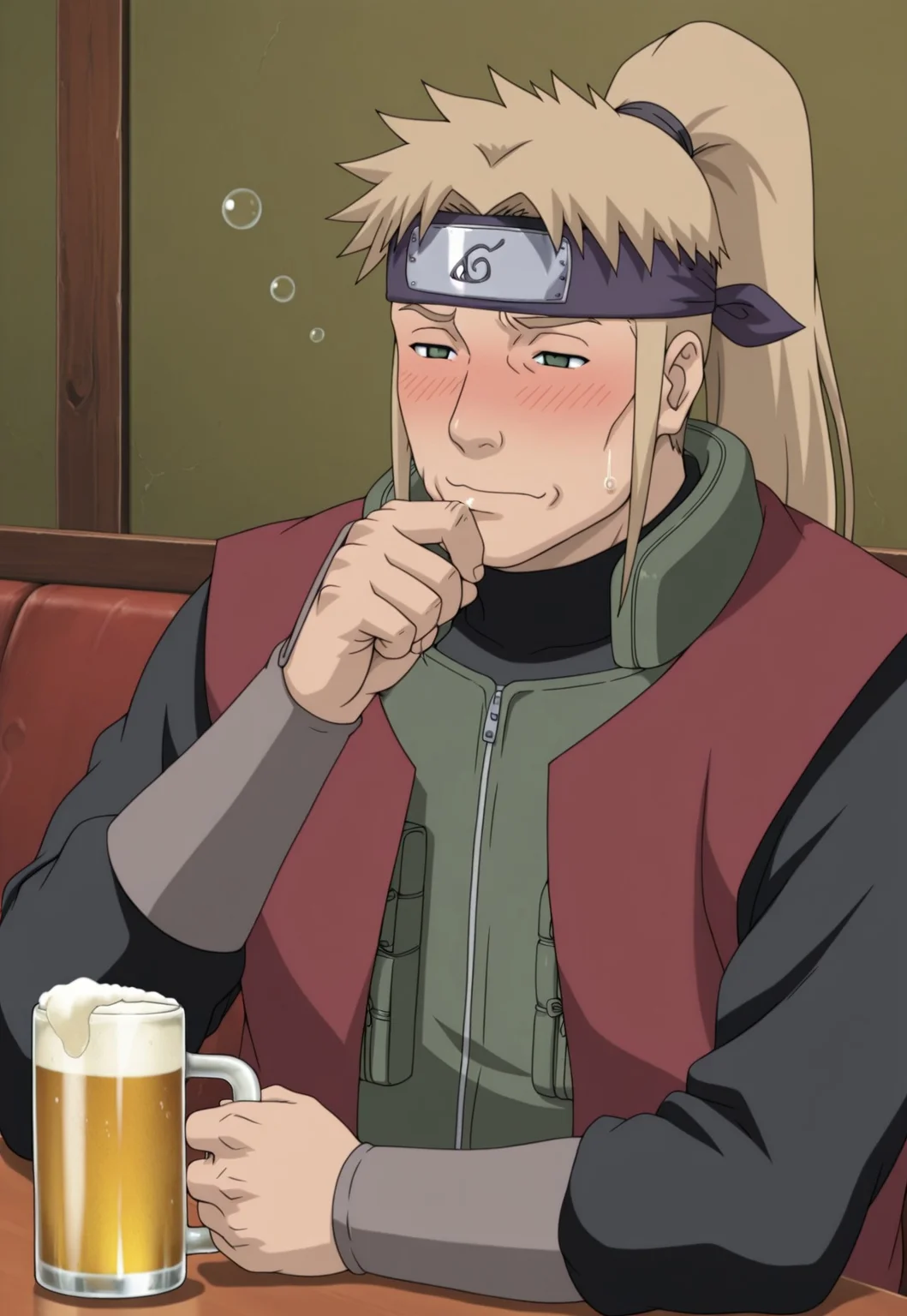 solo, masterpiece, modern, new, 1boy, male, masculine face, daddy looking face,
NarutoInoichi, blonde hair, ponytail, forehead protector, vest, sitting, drinking beer, drunk, blush