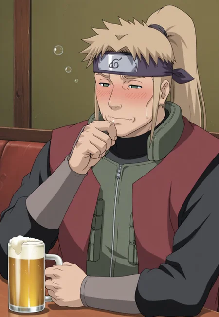 solo, masterpiece, modern, new, 1boy, male, masculine face, daddy looking face,
NarutoInoichi, blonde hair, ponytail, forehead protector, vest, sitting, drinking beer, drunk, blush