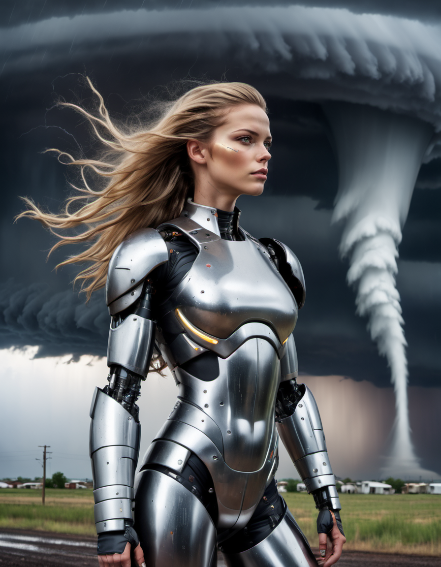 android, photo, young female (cyborg:1.2) android, (melissa billings:1.3), wreckage of trailer homes, (dark sky:1.3), (tornado funnel cloud on horizon in the background:1.5), hair blowing in the wind, (cyborg style <lora:cyborg_style_xl:1>:1.4), dramatic lighting, dynamic angle movement motion, (heavy rain:1.2), polished carbon fiber, polished titanium, shiny ceramic panels, superstructure exposed
