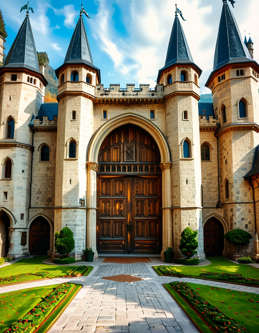 A highly detailed and realistic photograph of the massive entrance door of a medieval castle. The heavy wooden door is reinforced with large iron studs and intricate metalwork, set within a grand stone archway. The aged stone walls surrounding the entrance are weathered, covered in patches of moss and ivy, giving a sense of ancient history.
The cobblestone pathway leading to the door is slightly worn, with scattered fallen leaves and small tufts of grass growing between the stones. Above the entrance, a small, narrow window or arrow slit adds to the castleâs defensive design. The scene is illuminated by soft, natural light, casting shadows that highlight the textures of the stone and wood. The atmosphere is mysterious and majestic, evoking a sense of medieval grandeur.
<lora:SDXLFaeTastic2400:0.4> <lora:extremely_detailed:0.4> extremely detailed,  <lora:medieval_c4stl3_d00r:1>,medieval c4stl3 d00r, Masterpiece,best quality,hi res,8k,hi res,8k,award winning,(sharp focus, intricate, highly detailed),