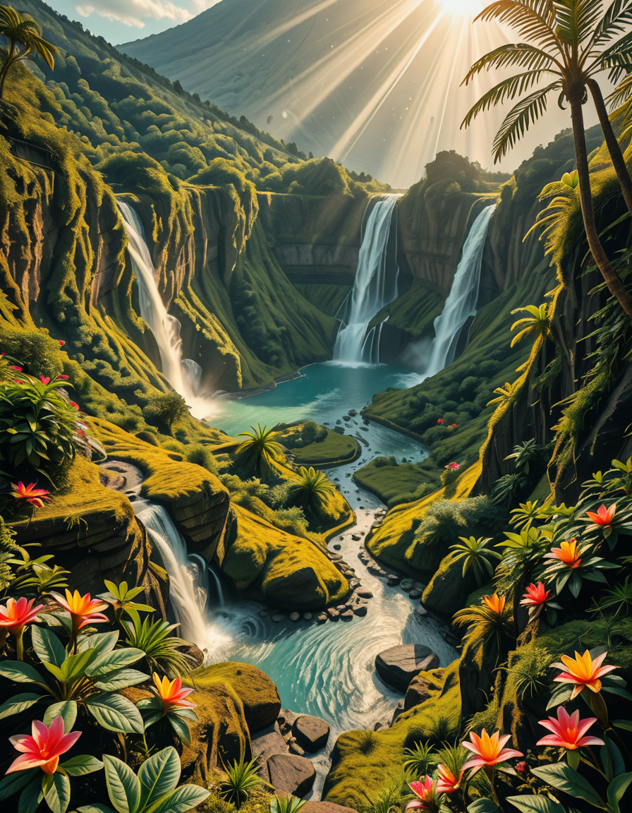 A breathtaking view of an ancient, dormant volcano now transformed into a lush, vibrant natural sanctuary. The crater is filled with dense tropical forests, colorful exotic flowers, cascading waterfalls, and mist swirling gently in the morning light. Vines and moss cover the dark volcanic rocks, and small streams wind down the slopes. while rays of sunlight pierce through the dense canopy, creating sparkling reflections on the water. The atmosphere feels peaceful, enchanted, and untouched by humans. The scene is depicted in an ultra-detailed, hyper-realistic style, with warm, soft lighting and rich, saturated colors that enhance the magical and serene mood of the landscape.
<lora:SDXLFaeTastic2400:0.4> <lora:extremely_detailed:0.4> extremely detailed,dormant v0lc4n0, <lora:dormant_v0lc4n0-i:1>, Masterpiece,best quality,hi res,8k,hi res,8k,award winning,(sharp focus, intricate, highly detailed),