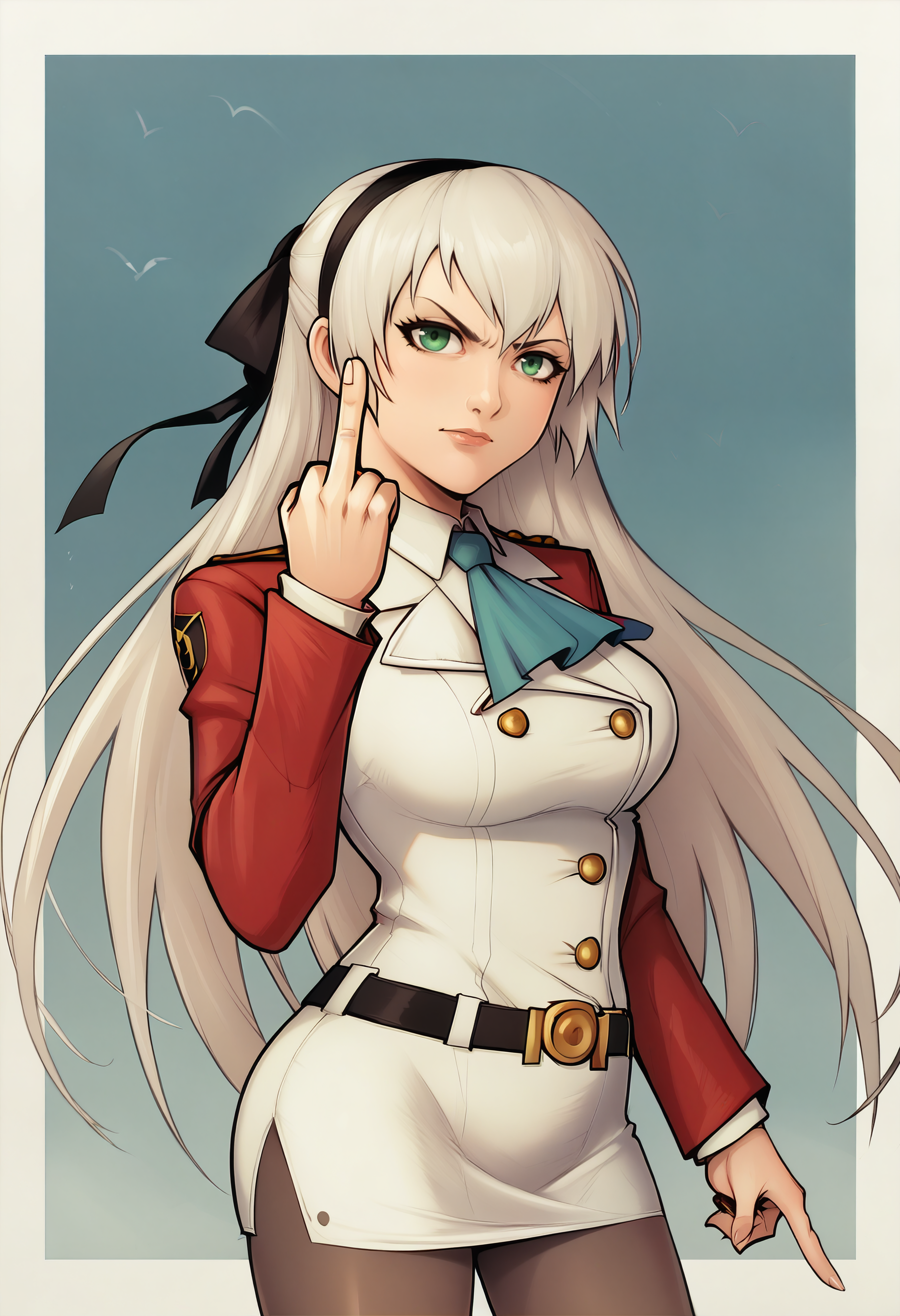 score_9, score_7_up BREAK 1girl,zeroElie, black hairband, hair ribbon, long hair, ascot, uniform, long red sleeves, white dress, pencil skirt, belt, pantyhose,green eyes,middle finger,looking at viewer <lora:dhs_pd:1> <lora:elie-pdxl-nvwls-v1:0.8>