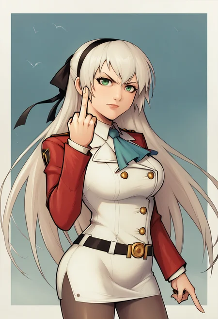 score_9, score_7_up BREAK 1girl,zeroElie, black hairband, hair ribbon, long hair, ascot, uniform, long red sleeves, white dress, pencil skirt, belt, pantyhose,green eyes,middle finger,looking at viewer <lora:dhs_pd:1> <lora:elie-pdxl-nvwls-v1:0.8>