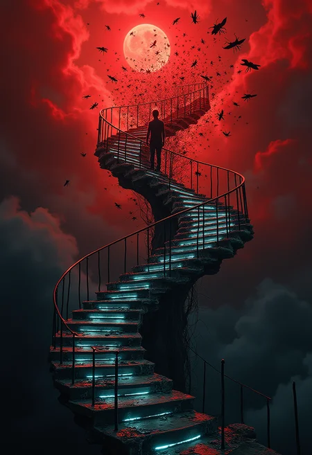 An enormous spiral staircase made of translucent glass ascends into a stormy, blood-red sky filled with fragmented memories that scream and writhe. At the center, a figure with no discernible face dissolves into a swarm of black insects that reform and disintegrate with each step. The stairs crack and reform beneath their feet, each ripple sending shockwaves through the memories. The surreal scene now embodies a descent into madness, with chaotic visuals and unnerving, glowing accents. ,aidmafluxproultra