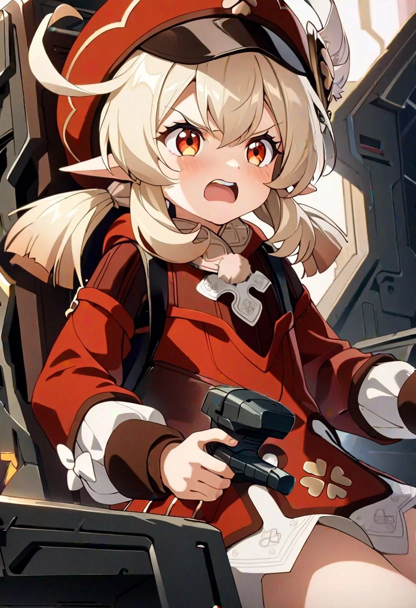 1girl, solo, klee_\(genshin_impact\), bangs, hat_bow, orange_eyes, light_brown_hair, ahoge,low_twintails, hair_between_eyes, ,pointy_ears, ribbon, angry face,gundamwingcockpit, joystick,seatbelt,sitting, masterpiece, best quality, ultra detailed, highres,4k,(ultra-detailed:1.4) (illustration:0.5), (ray tracing,:0.8),(anime colored:0.7),(ai-generated:0.5),