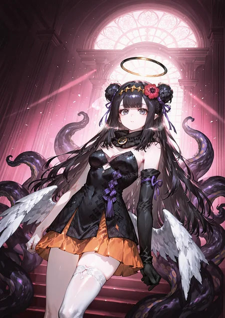 zPDXL3 Real score_9, score_8_up, score_7_up, score_6_up source_anime, highly detailed, sharp, intricate details, rating_safe rating_sensitive, rating_explicit, masterpiece, best quality, good quality, bright eyes light particles lens flare amazing quality, very aesthetic, very awa, absurdres, newest,
<lora:nhl-001-20:0.4> nhl-001 film grain multicolored background ,<lora:ponyv4_noob1_2_adamW-000017:0.33>
<lora:yoneyamaiXLNBVP1lokrV6311PZ:0.5>, <lora:misumigumiforill:0.5>
medium breasts, dynamic pose, dynamic angle,
optical illusion, ssambatea, quasarcake, Fishine, arutera, soresaki, reoen, sanbonzakura, askzy, negative space, see-through, made of, neon light, detailed background,
A lavish mansion's grand staircase as the centerpiece, with plush red carpeting unfurling between ornate dark wood banisters. A young girl in a formal dress stands alone, her presence highlighted midway up the broad steps, capturing the opulence of the estate.
inaina_prstss, strapless dress, orange skirt, orange headpiece, single detached sleeve, single thighhigh, white thighhighs, purple ribbon, black gloves
halo, tentacles, low wings
inaina_nwyrs, horns, double bun, hair flower, red flower, print kimono, black scarf, black cardigan, black gloves, black headpiece
<lora:ina_illus:0.7>