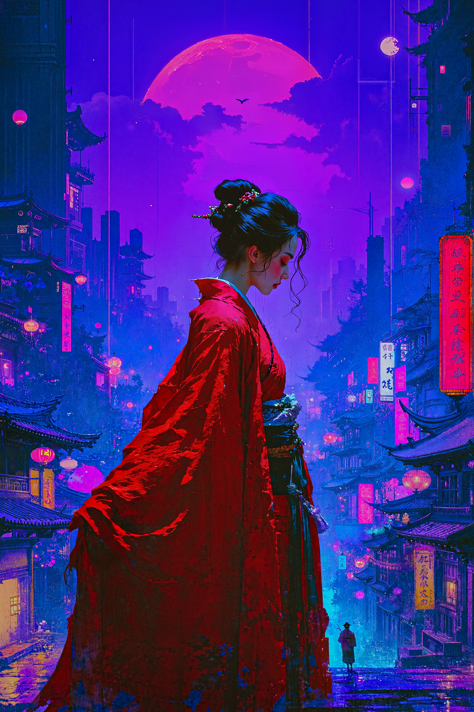 In a surreal and dreamlike world, a woman shirt dressed in traditional Japanese clothing clutches the iconic red cape of Eleni. Her eyes are closed as she gazes down at her lips, lost in thought. The iconic figure looms over the cityscape, Fae, Brown and Indigo neon hue, designed by Brian Stelfreeze, Milton H. Greene and Andreas Rocha