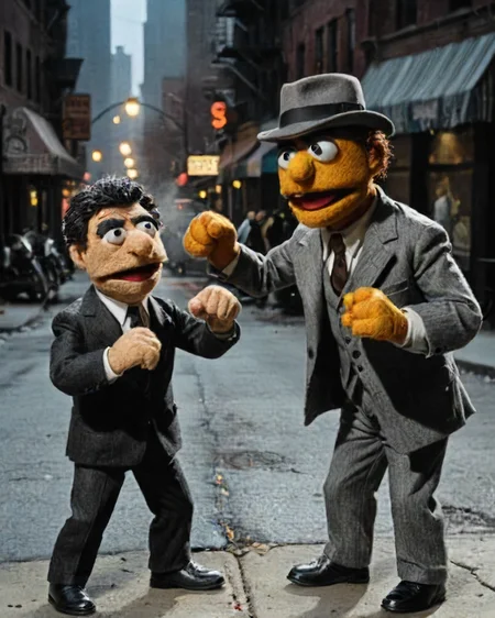 In a felt puppet world style, action shot of gritty detective in a fist fight on the mean streets of Chicago, film noir, <lora:Felt-Puppet-base-v1-000008:0.85><lora:!action-sdxl-V0.5:0.7>