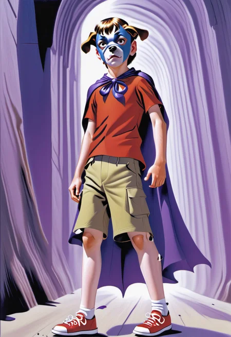 <lora:DogboyXL:.9> A 14-year-old Dogboy in his purple cape by Alex Ross