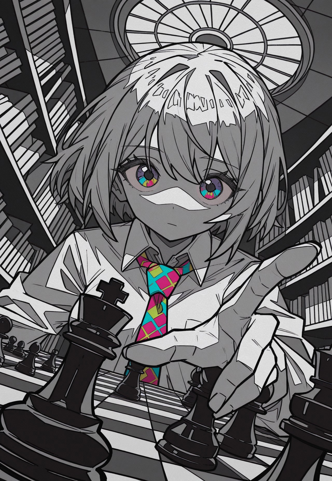 dutch angle, two-finger, upper body, perspective, chess piece, reaching, abstract chess piece, expressionless, solo, looking ahead, intense,
7A3IFRHPR_illu, ligne claire,
monochrome, greyscale, partially colored, colorful_necktie, colorful_eyes, tareme,
[greyscale background, unmoving pattern], library, domed ceiling,
masterpiece, absurdres, newest, [dynamic pose]