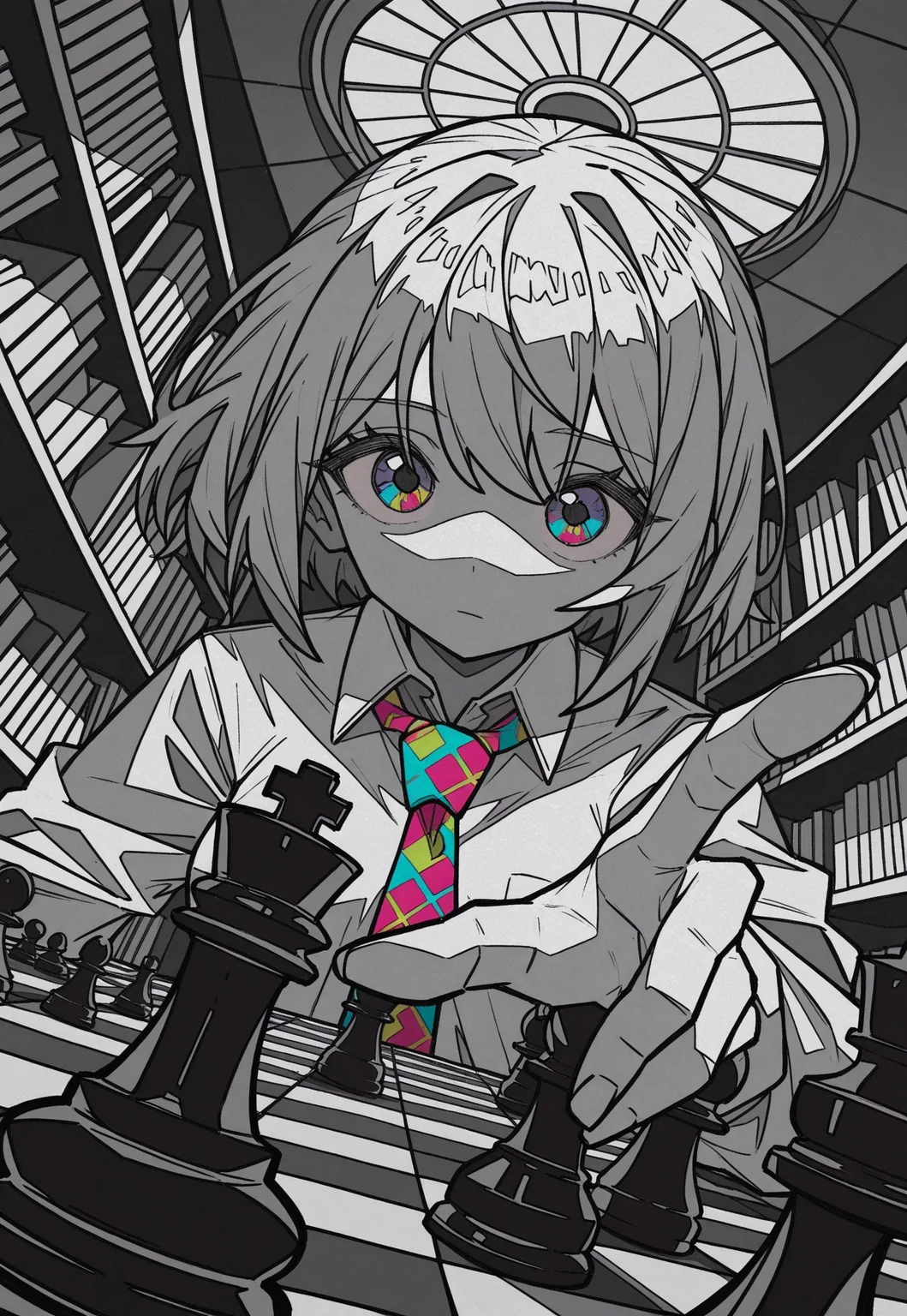 dutch angle, two-finger, upper body, perspective, chess piece, reaching, abstract chess piece, expressionless, solo, looking ahead, intense,
7A3IFRHPR_illu, ligne claire,
monochrome, greyscale, partially colored, colorful_necktie, colorful_eyes, tareme,
[greyscale background, unmoving pattern], library, domed ceiling,
masterpiece, absurdres, newest, [dynamic pose]